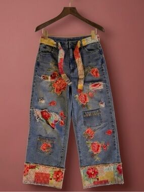 Floral Distressed Embroidered Women's super Wide Leg Jeans OOAK Couture